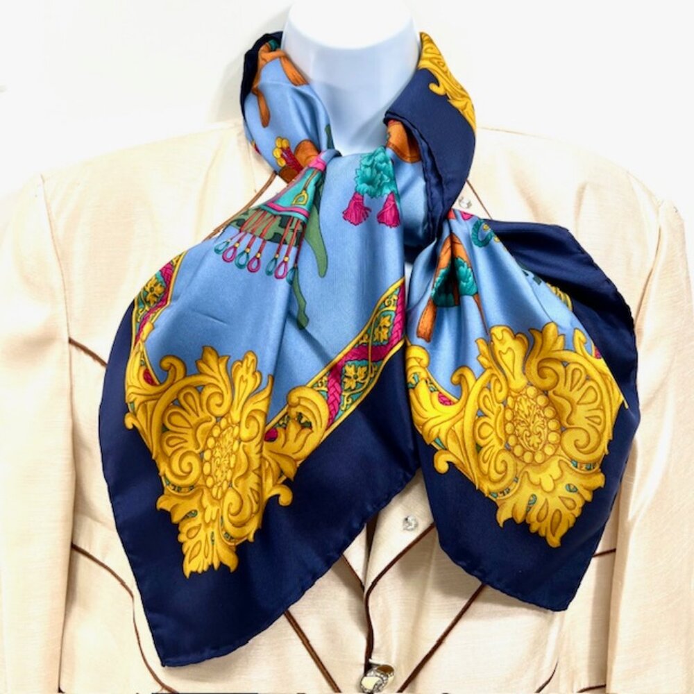 Salvatore Ferragamo Silk Scarf Satin blue gold green pink Carousel hourse (42) - Picture 5 of 9